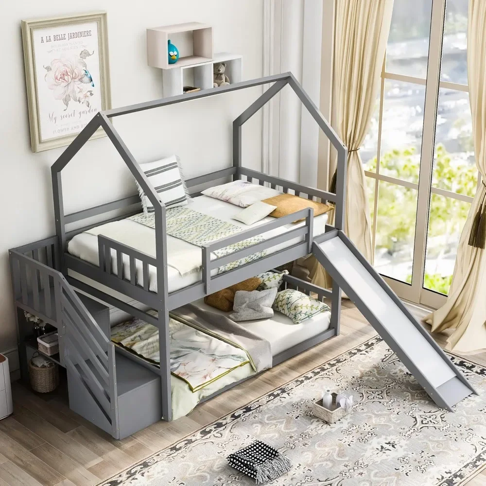 

Twin Over Twin House Bunk Bed Frame with Convertible Slide for Kids, Storage Staircase can be Placed Left or Right