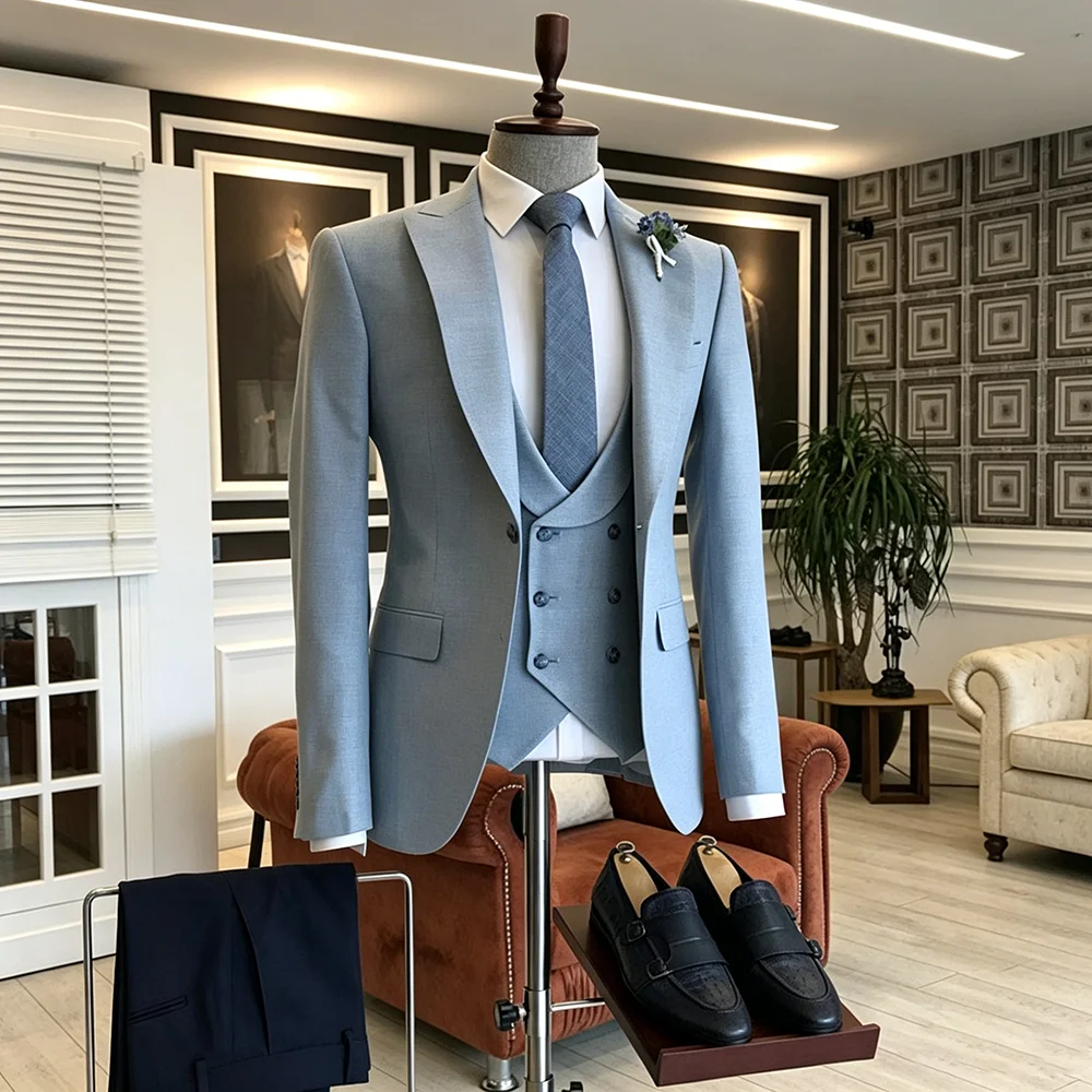 Timeless Men Light Blue 3 Piece Suit Single Button Jacket+Double Breasted Vest+Pants Set Peak Lapel Groom Wedding Formal Outfit