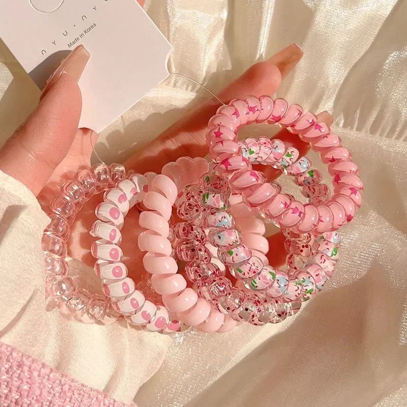 6Pcs/Set Women Fashion Telephone Wire Elastic Hair Band Colorful Printed Spiral Cord Rubber Band Hair Ties Hair Accessories Gif