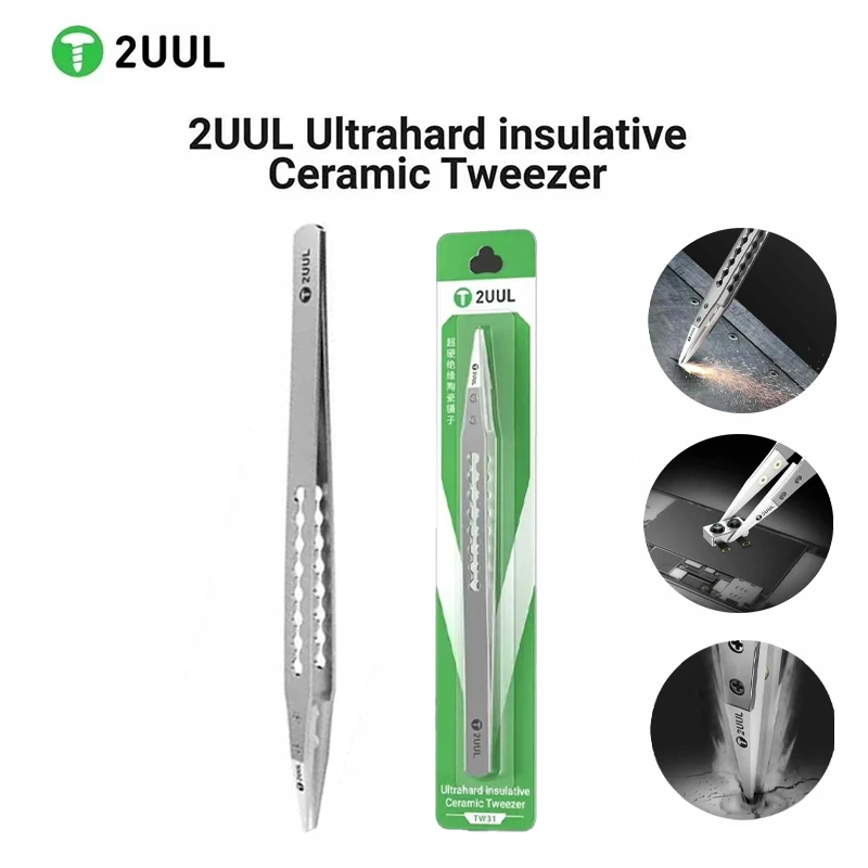 2UUL TW31 Ultra‑Hard Insulating Ceramic Tweezers Anti‑Static for CPU IC Chip PCB Mobile Phone Repair Tools
