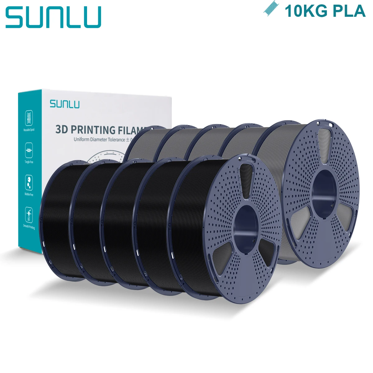 SUNLU PLA 3D-Filament, 1,75 mm, 10 Rollen, 1 kg, ordentlich gewickelt, mit wiederverwendbarer Spule, 3D-Drucker, PLA-Filamente für die meisten FDM-3D-Drucker