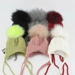 Real Fur Pompom Baby Hat Kids Winter Earflap Cap Fleece Inside Warm Knitted Skullies Beanies For Girls Boys