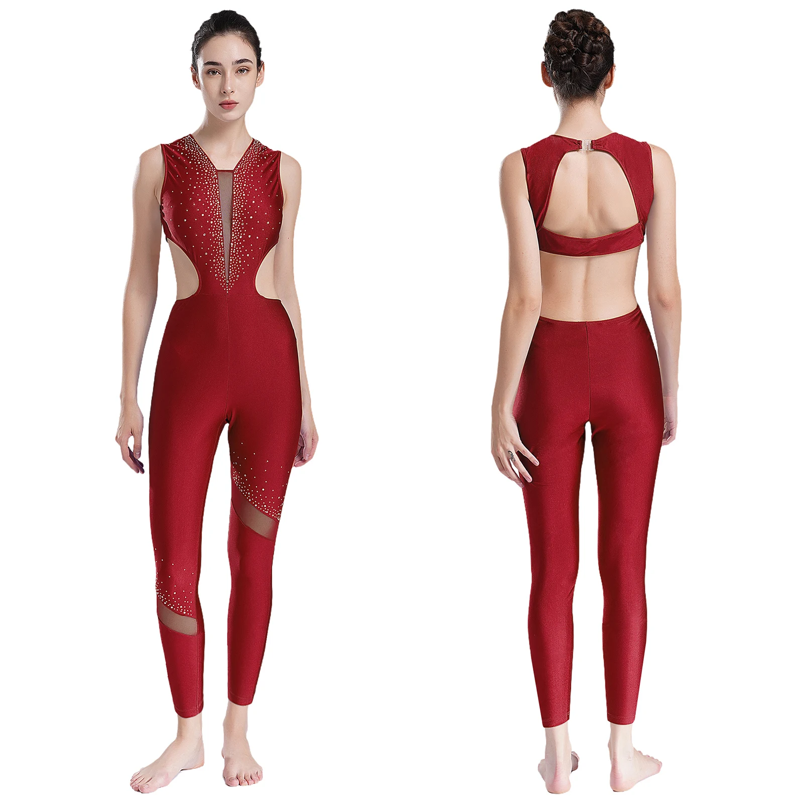 Women Sleeveless Shiny Rhinestones Cutout Ballet Dance Gymnastics Jumpsuit Figure Skating Yoga Acrobatics Performance Leotard