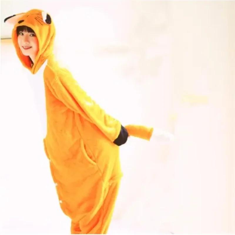 HKSNG Adult Flannel Kigurumi Fox Onesies Cartoon Pajamas Animal Halloween Party Costume Jumpsuits Hooded Pyjamas Suit