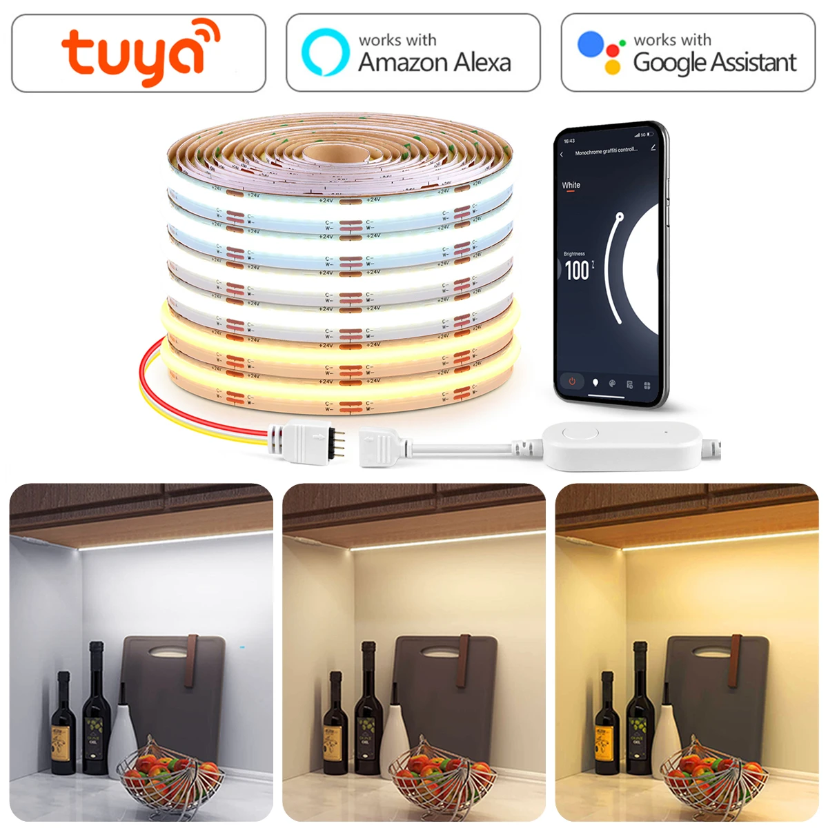 

3M 5M Tuya Smart WiFi COB CCT LED Strip Light DC24V Dimmable 700K-6500K Changeable Lamp Linear Tape Work With Alexa Google Home