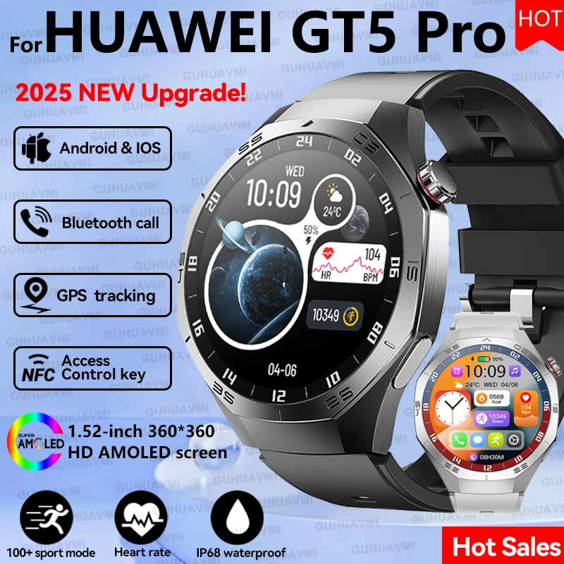 

2025 New For Huawei GT5 Pro Sports Smart Watch Men 1.52" HD AMOLED Screen GPS trackr Heart Rate Bluetooth Call Health SmartWatch