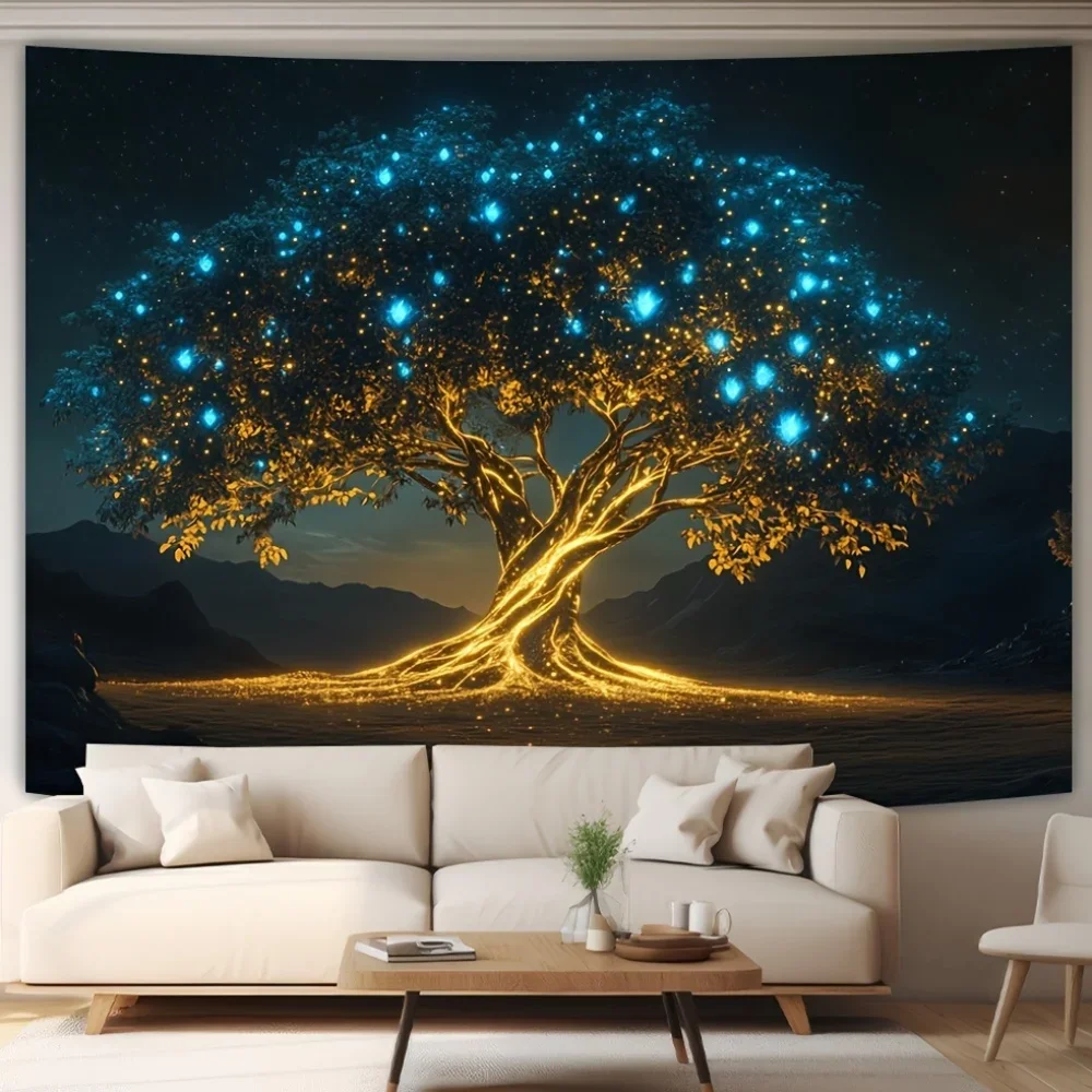 VIKAMA Enchanted Tree Tapestry Firefly Starry Sky Bedroom Meditation Space Natural Style Living Room Decor