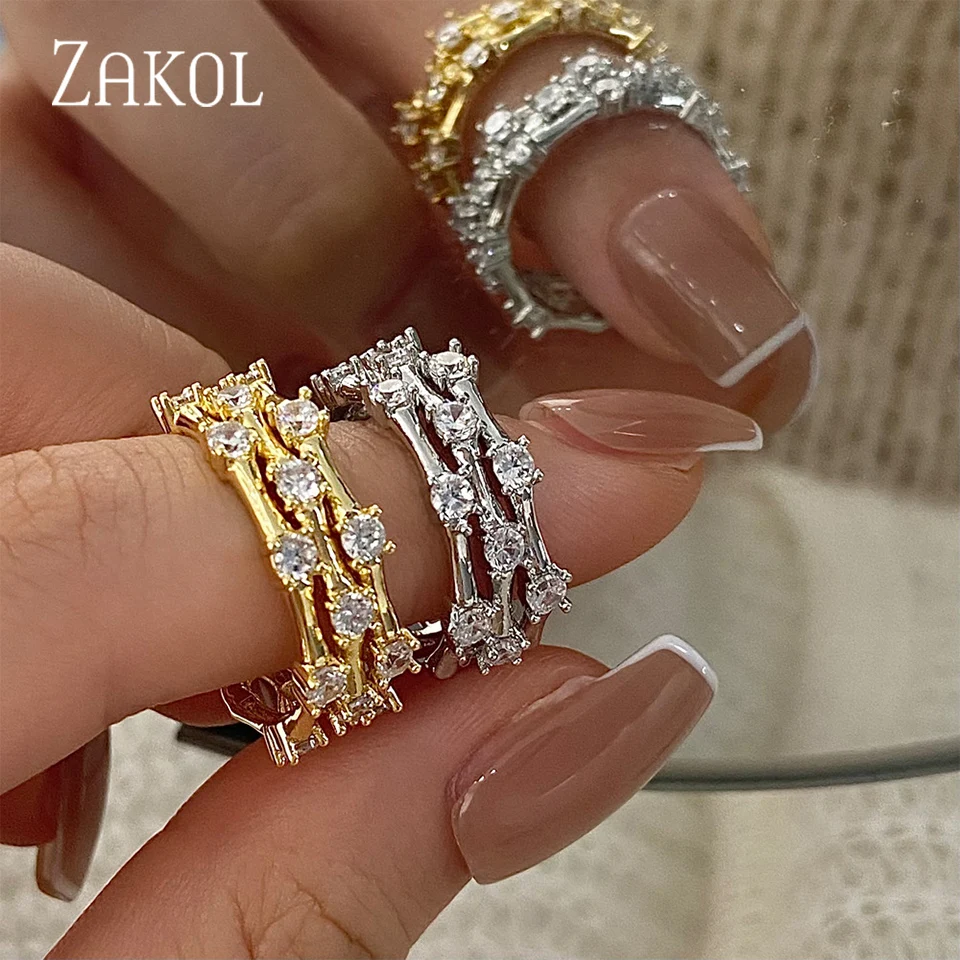 ZAKOL Korean Fashion Three Layers Clear Zirconia Open Rings For Women Exquisite Shiny CZ Party Jewelry