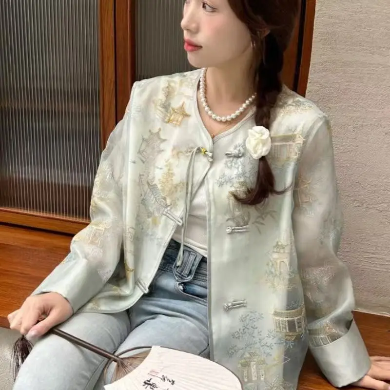 Chinese Style Shirt Women Pavilion Embroidery New Chinese Coat Tang Suit Hanfu Spring Autumn Elegant Luxury Thin Blouse Top 2025