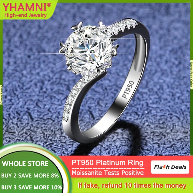 With Credentials Pure PT950 Platinum Rings Heart Claws 1 Carat D Color Moissanite Diamonds Rings for Women Wedding Fine Jewely