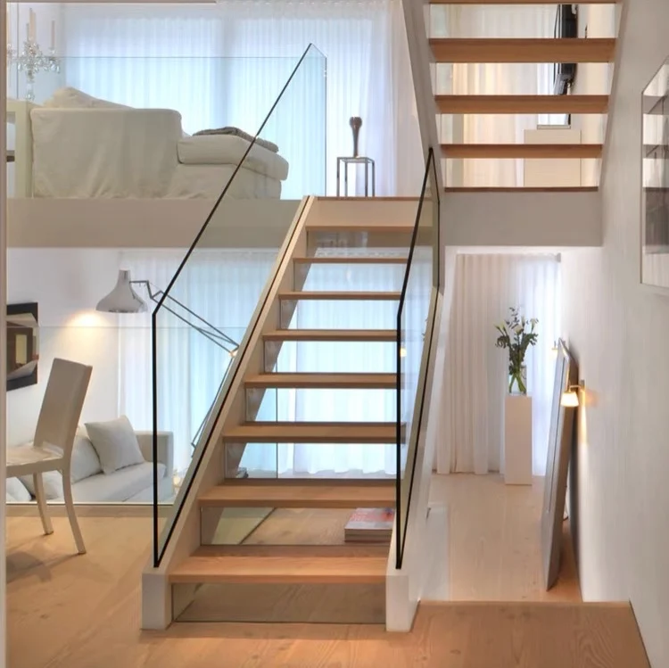 カスタマイズ可能なU字型階段、室内階段、無垢材のステップ、ガラス製の手すり付き