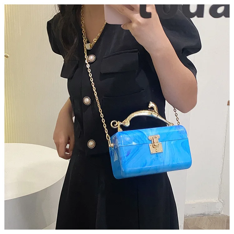 Square Box Party Handbag For Women Metal Leopard Handle Marbling Shoulder Chain Bag Female Tote Crossbody Bag Wedding Pouch