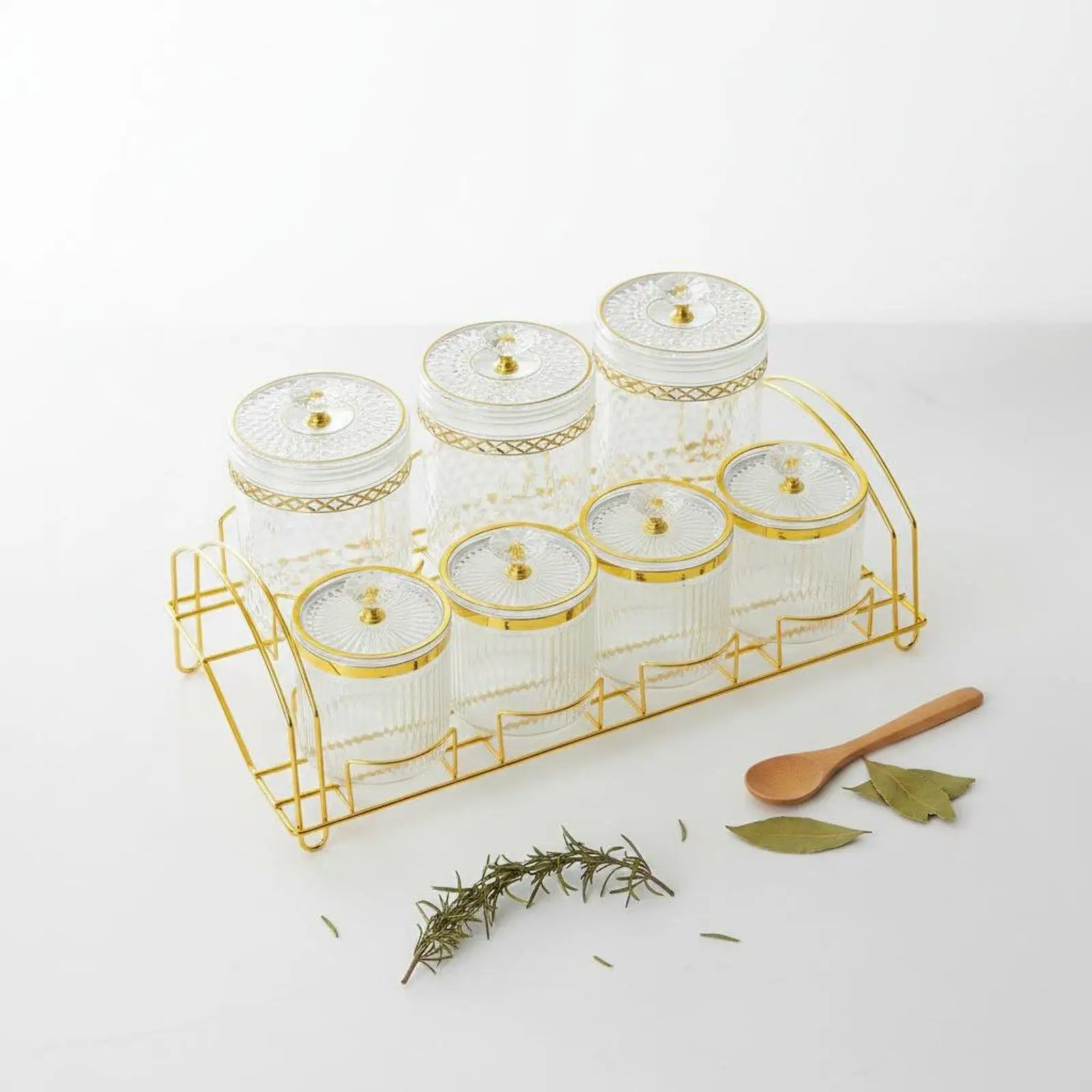 Sealed Storage Container Set Crystal Textured Food Jars with Rack Airtight Kitchen Storage Organizer for Spices