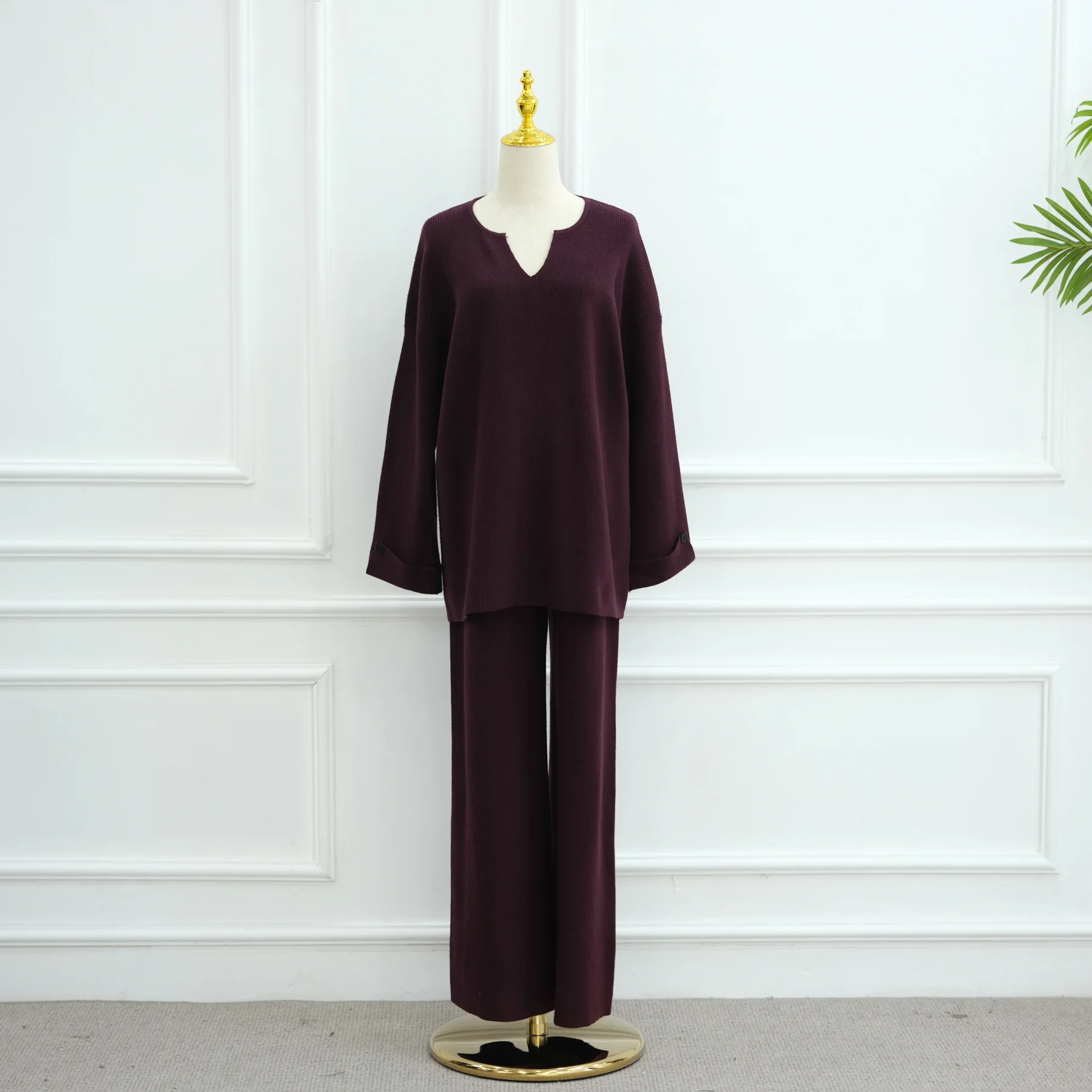 2Pcs Muslim Women Pullover Sweater Sets Wide Leg Pants Knitwear Tops Trousers Outfits Knitted Suits Femme Musulmane Ensemble New