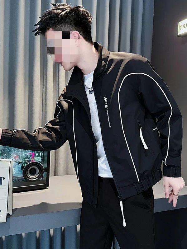 

Casual Embroidered Stand Collar Jaet Men's Faion Loose Outerwear Spring Autumn New Sle Polyester Fiber Zipper Sve