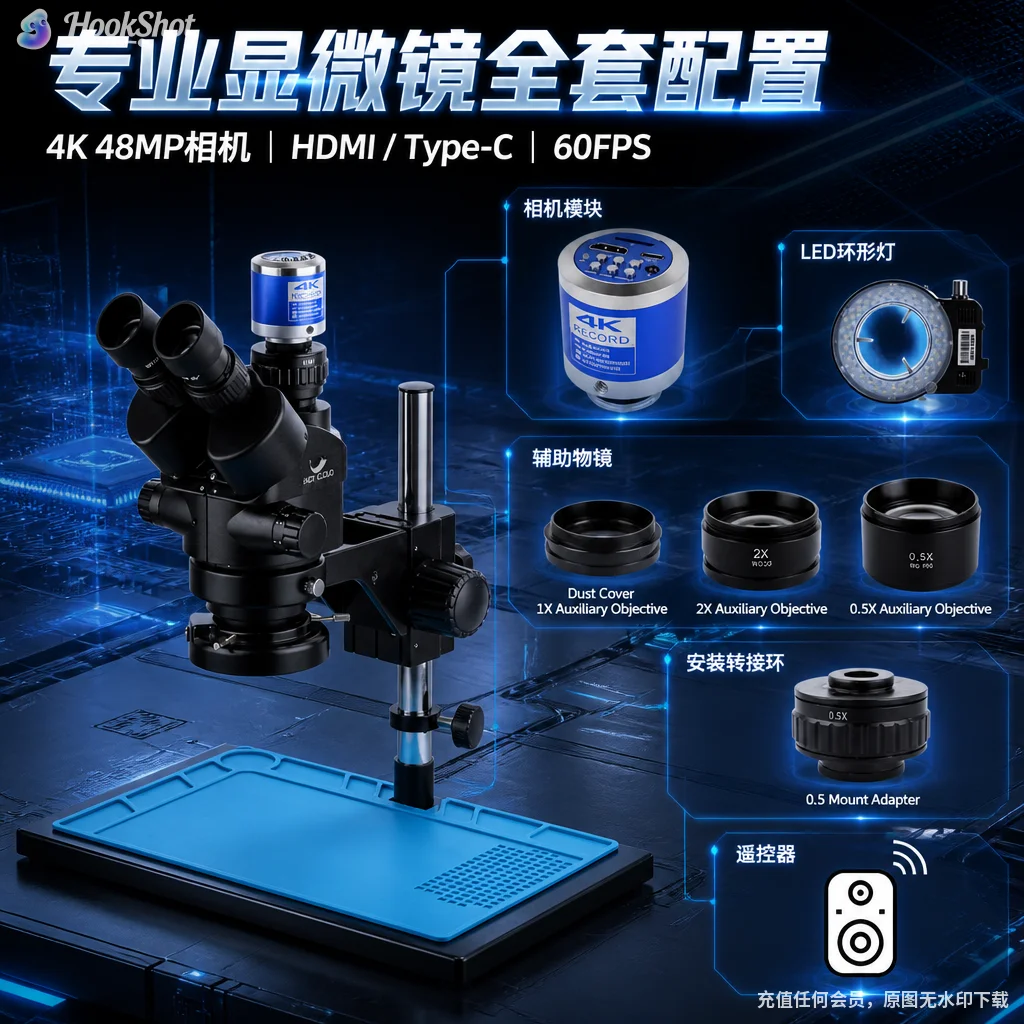 Trinocular Stereo Microscope Video Camera 3.5-90X Zoom 2K/4K 48MP/55MP HDMI USB-C VGA TF Auxiliary Objectives Active Lens