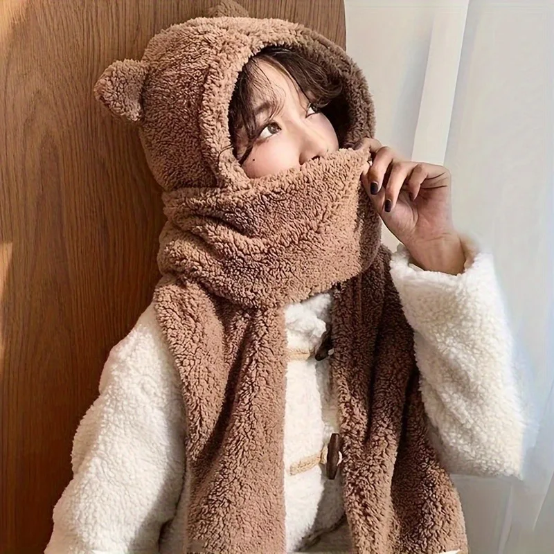 Winter Bear Ear Fleece Headwear Set for Women Warm Polyester Hat Scarf Glove Combo for Outdoor Christmas or Back to School Gift