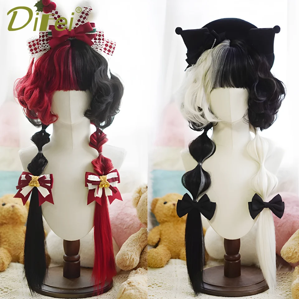 Wool Long Hair Synthetic Lolita Wig Female Black And White Color Matching Long Curly Hair With Bangs Christmas Cosplay Party Wig