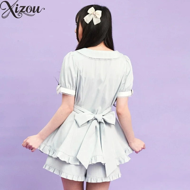 2025 vestido de verano pantalón japonés dulce lindo conjunto de dos piezas manga corta abombada arco rayas Top traje de Lolita volante cuello cuadrado