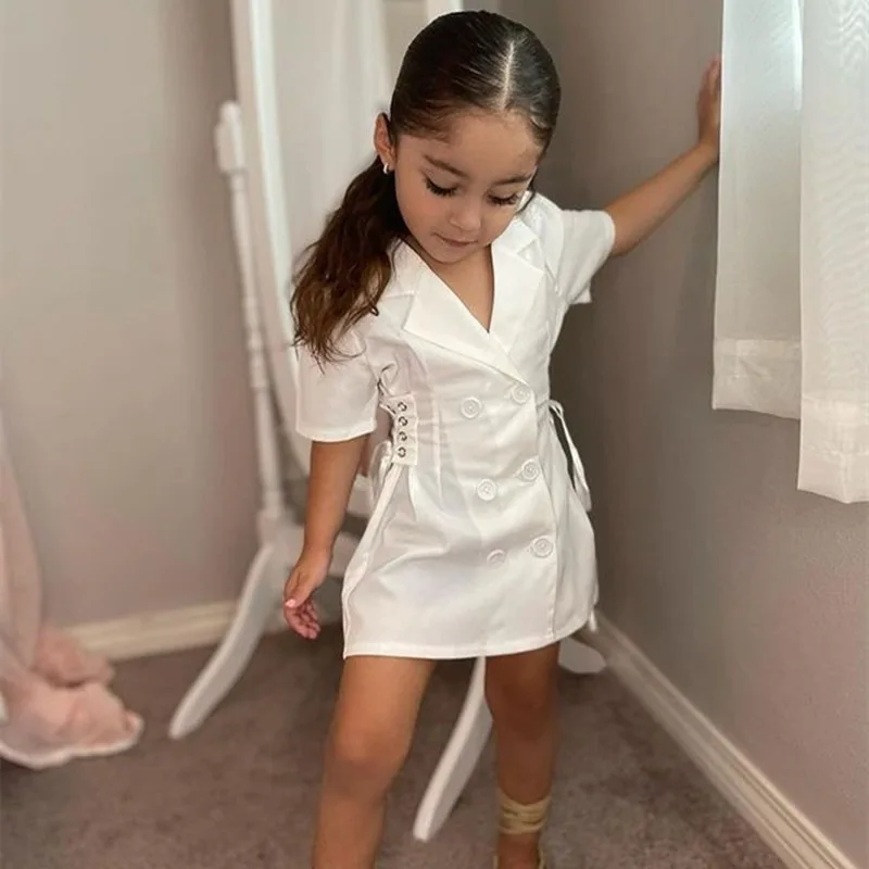 2024Summer Girls Tailored Collar Dress New Children\'s Fashionable Double-Breasted Puff Sleeve Children Shirt Generation Hair-WSN