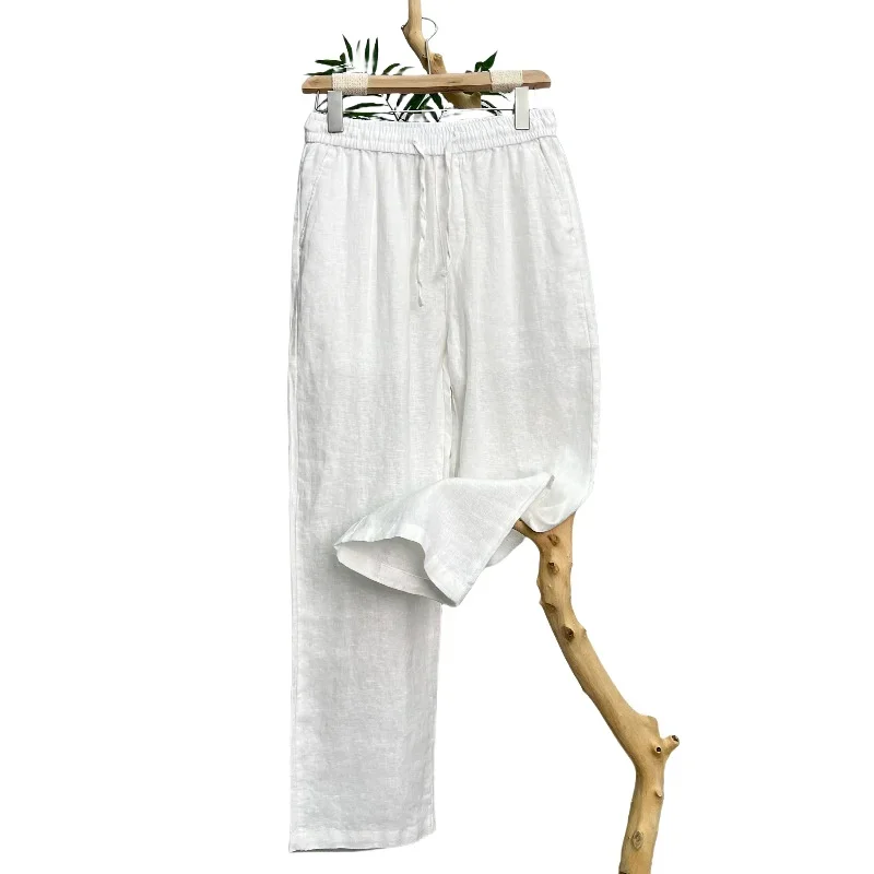 Linho natural pele pura respirável verão cor pura moda linho fino ajuste masculino solto 100% linho em linha reta calças casuais