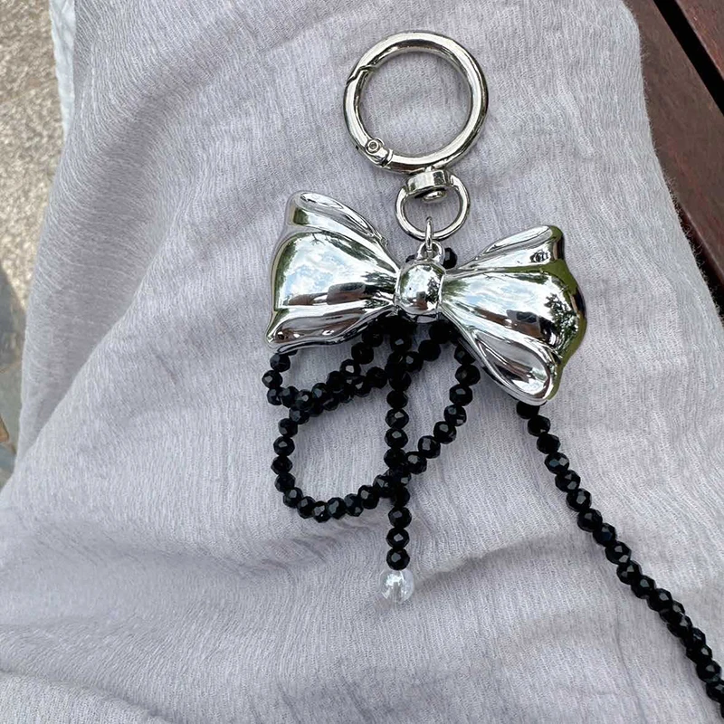 Metal Bow Crystal Beaded Asymmetric Keychain Cell Phone Charm Bag Accessories Y2K Pendant Cute Hanging Ornament