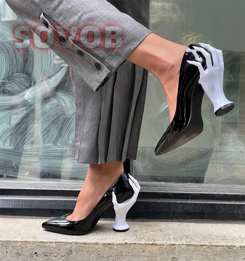 Womens Hand Sculpture Heel Pumps, Pointed Toe Patent Leather Designer Heels, Gothic Novelty Stilettos, Black Hand Heel Pumps