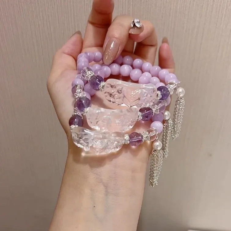 2026 Kunzite Clear Quartz Crystal Bracelet With Carved Nine Tailed Fox Charm For Women Daily Wear Party Birthday Gift Spiritual