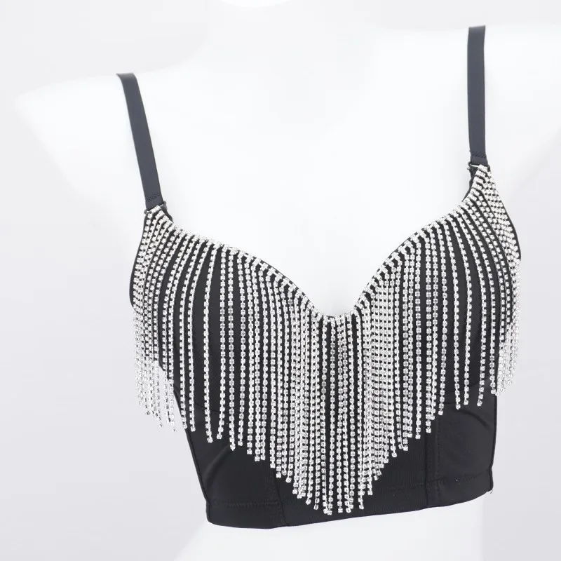 Diamonds Tassel bustier bra for women push up bra performance clothing nightclub party sexy Tank tops female cropped top Y4101