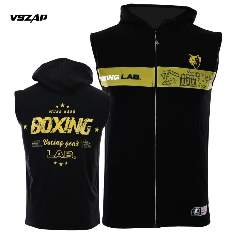 Vszap Contrasting Colors Boxing Suit Summer Workout Clothes Hoodie MMA Training Exercise Sleeveless Sweater Cotton Hooded Vest