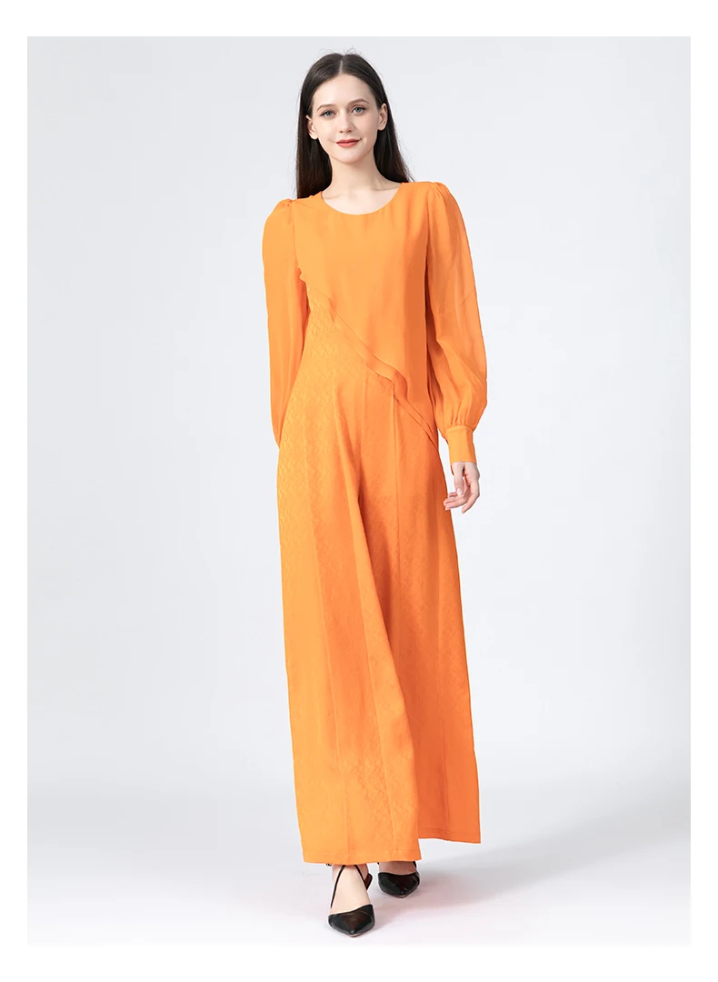 Stylish Ruffles Silk Marigold Orange Jumpsuits Autumn Long Sleeves Jumpsuit Women Original Design Party Wide Leg Pants KE558