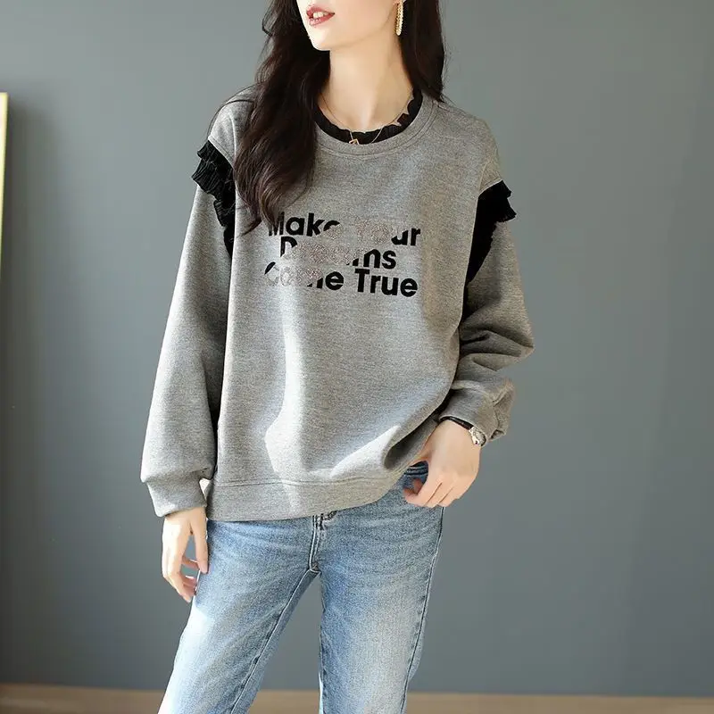 Wood Ear Edge Letter Autumn New Hot Diamond Top 2023 Loose Classic Fashion All-match Slim Casual Grey Sweatshirts Women