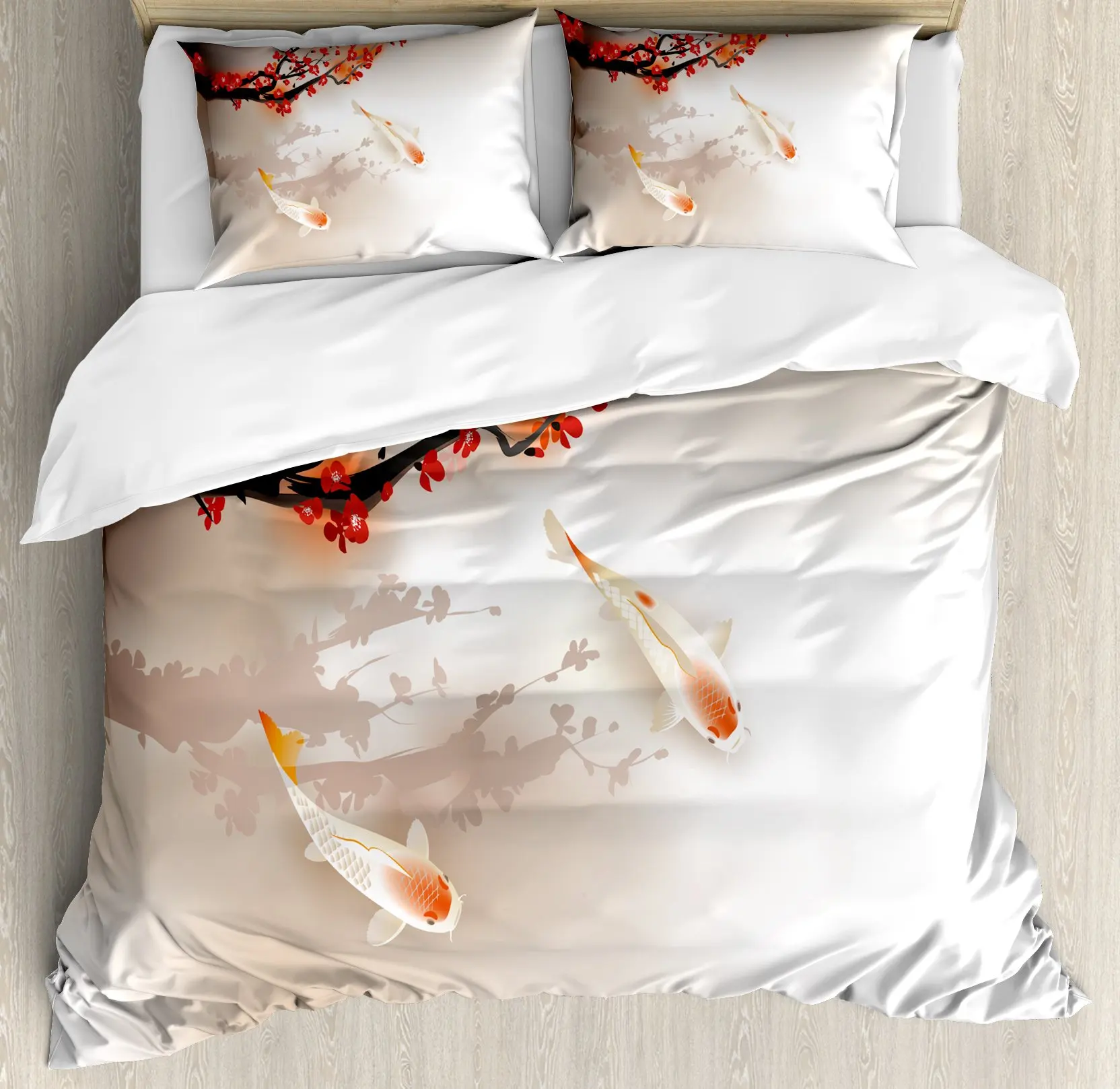 Koi Fish Duvet Cover Set, Japanese Painting Style Decor 3 Piece Bedding Set with 2 Pillow Shams, Queen Full Size, Black White