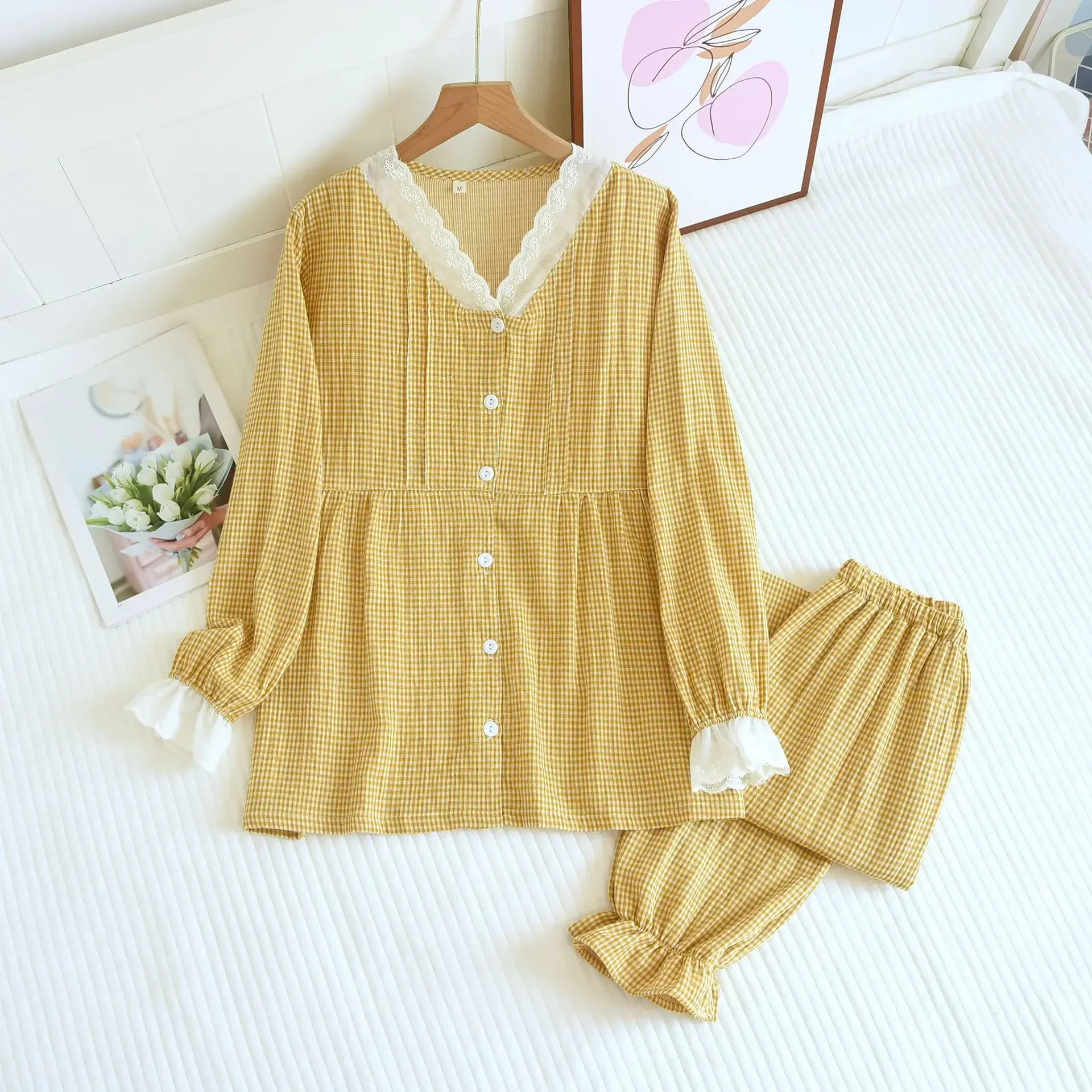 2026 Japanese New Women's Pajama Set 100% Cotton Edge Collar Small Grid Long Sleeve Long Pants Home Clothes Two Piece Set