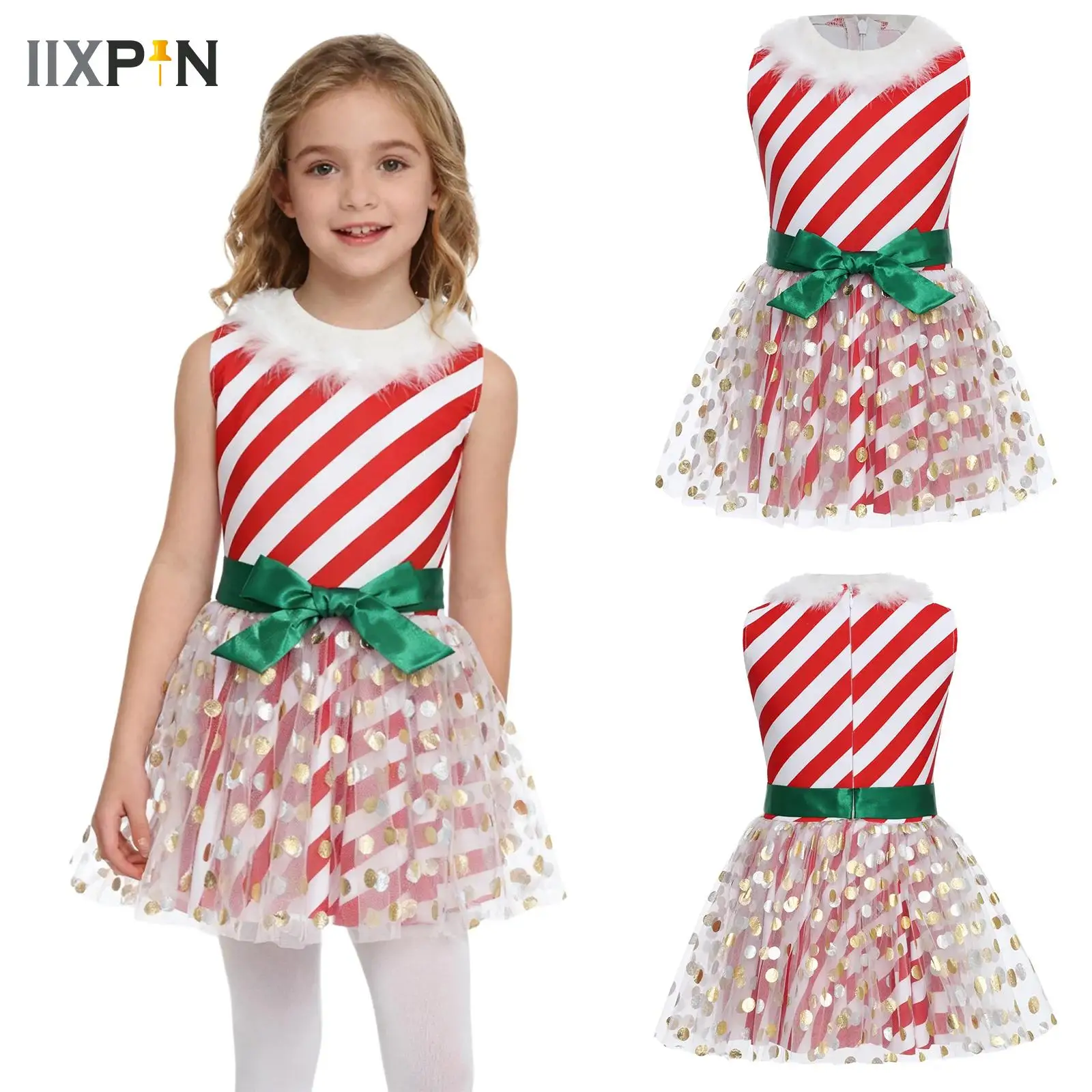 

Kids Girls Candy Cane Striped Ballet Tutu Dance Dress Teens Princess Santa Elf Cosplay Costumes Christmas Competition Dancewear