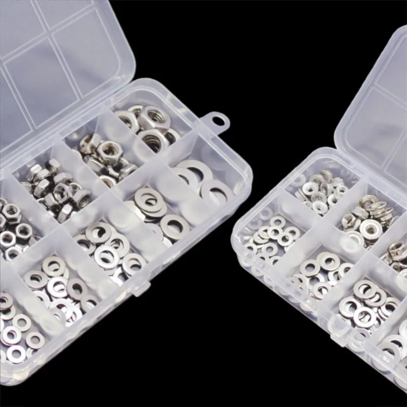 M3 M4 M5 M6 M8 304 Stainless Steel Hexagon / Square / Flange Nuts / Spring Lock Washers and Flat Washer Assortment Kit Set Box