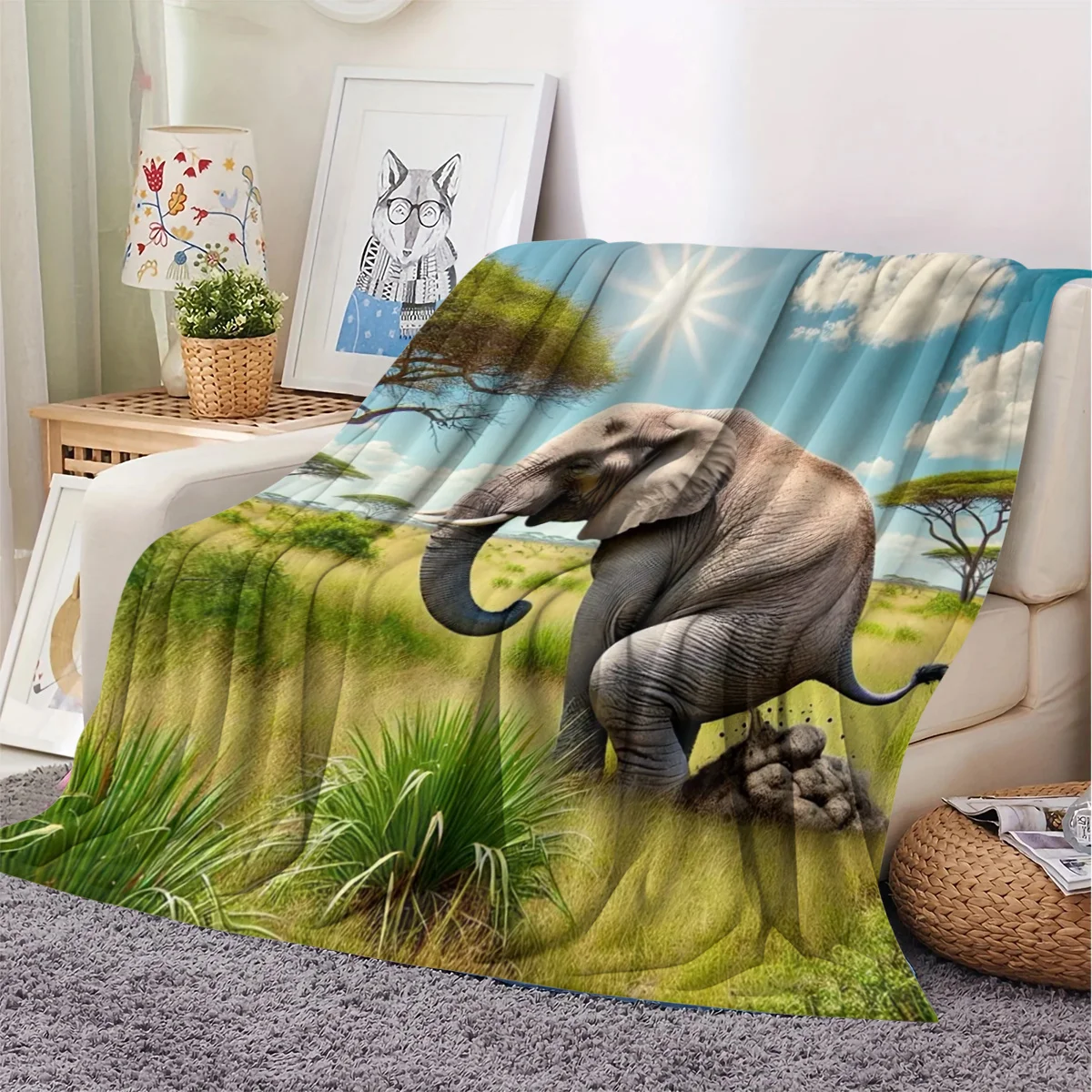 African Savanna Elephant Flannel Throw Blanket Realistic Wild Elephant On Sunny Grassland With Acacia Trees Blue Sky