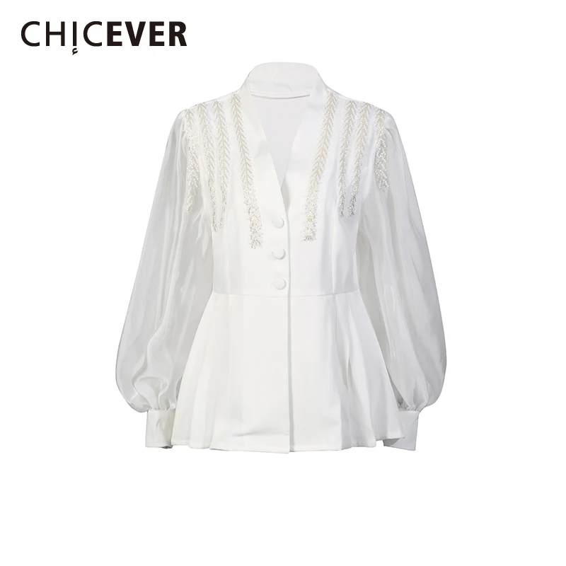 

CHICEVER Solid Spliced Beading Shirt Female V Neck Long Sleeve Loose Elegant Literary Women's Shirts Autumn Style Fashion New