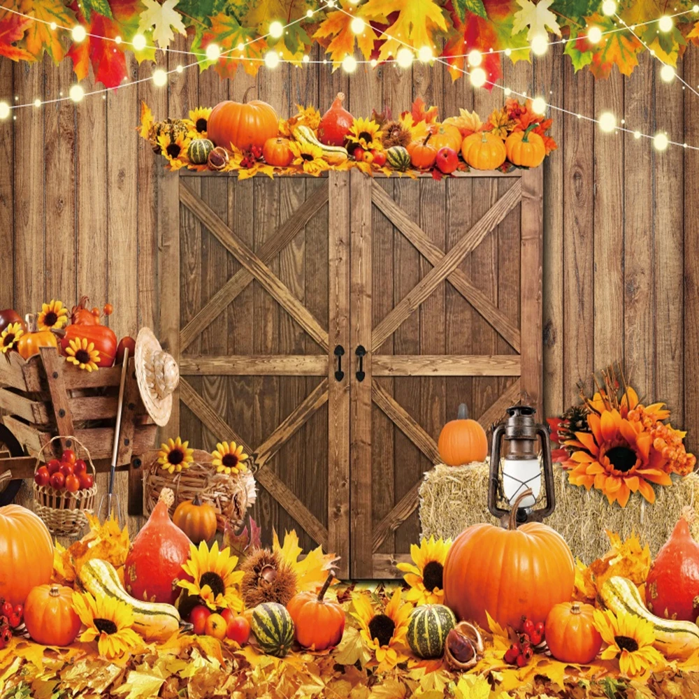 Осенний фон деревянный сарай дверь тыквы блестящие огни кленовые листья стог сена День Рождения Вечеринка ребенок портрет фотография фон
