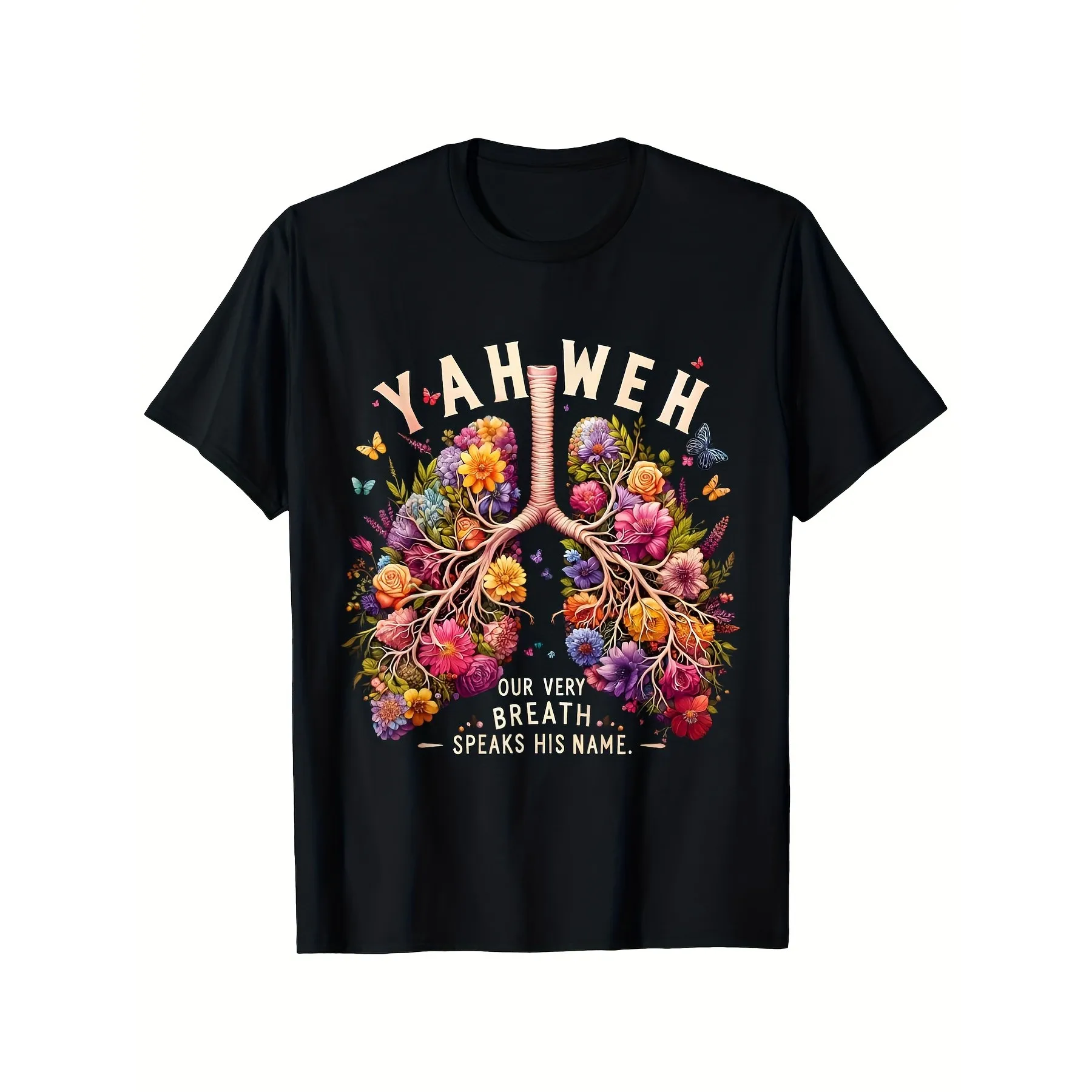 Christian Lungs Graphic Tee Jehovah Breath Bible Religious Floral Print Oversized T-Shirt