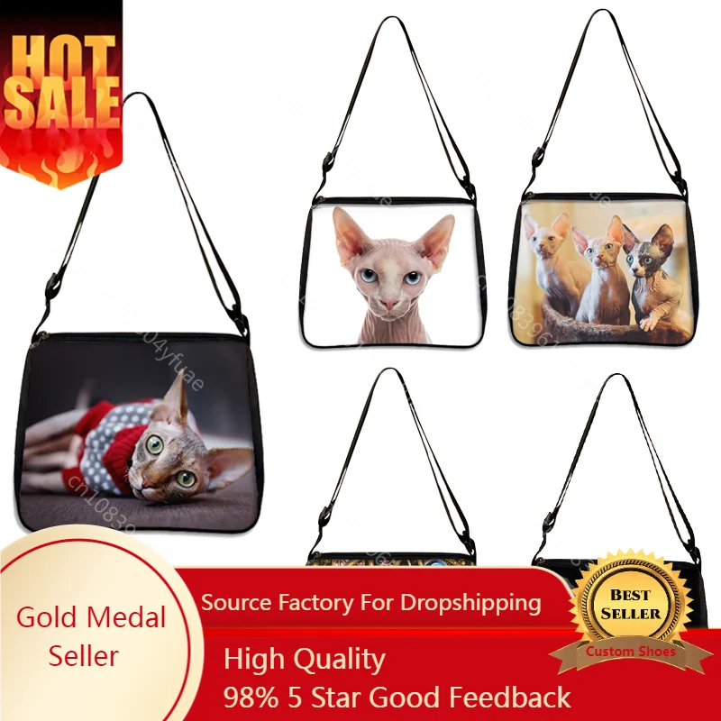 Animal Sphynx Cat  Print Shoulder Bag Women Leisure Handbags Portable Canvas Messenger Bag  Female Cross Bags