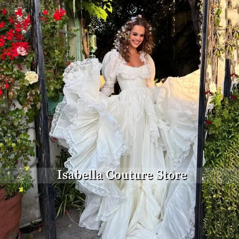 

Sweet Princess Evening Dresses Long Sleeves White Prom Dresses Lace Multi-layer Party Vestidos De Gala Customized