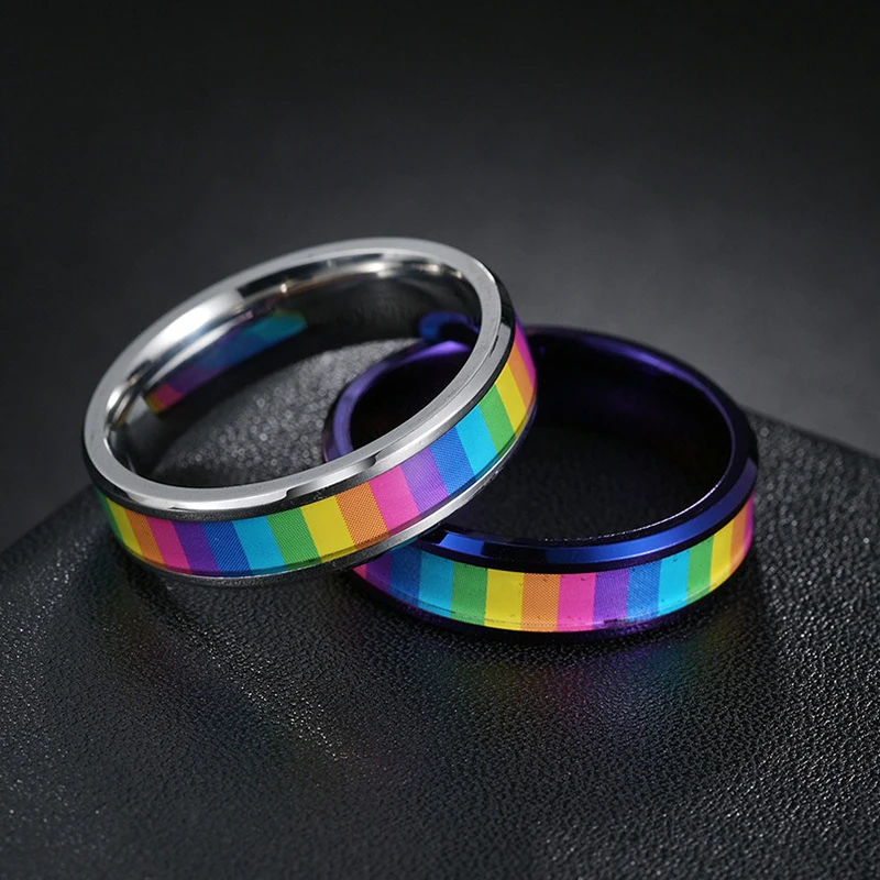 Trendy 316L Stainless Steel Rainbow LGBT Pride Ring for Men - Gay Lesbian Wedding Engagement Charm Jewelry