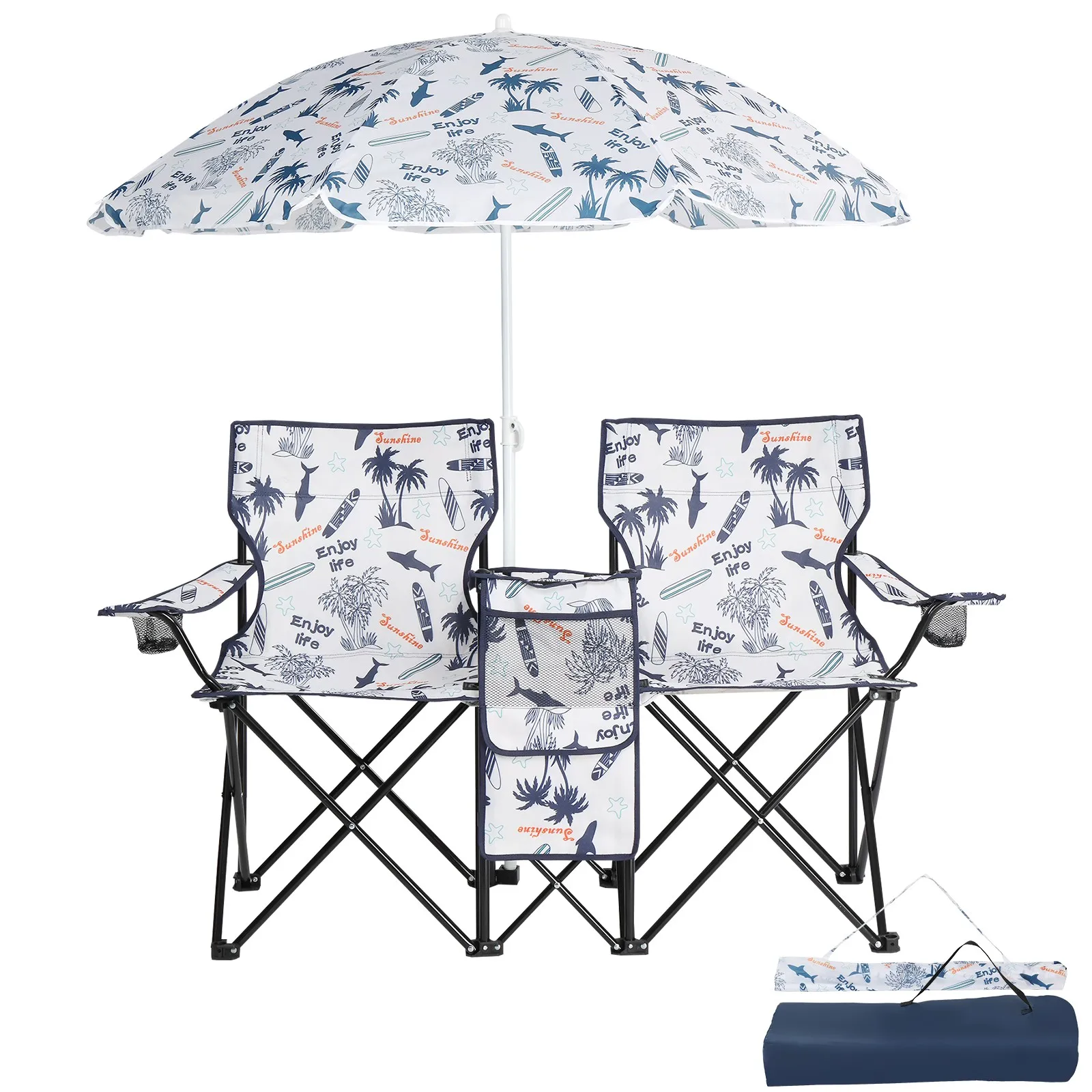 

Folding Camping Outdoor Picnic Double Chair with Umbrella Table Cooler Beach New