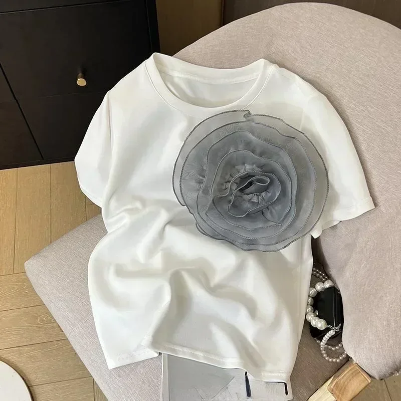 Neploe 2024 Summer New White Tops Women All-match Heavy 3D Flower O-neck T-shirts Y2k E-Girl Mid-length Loose Tee Shirt