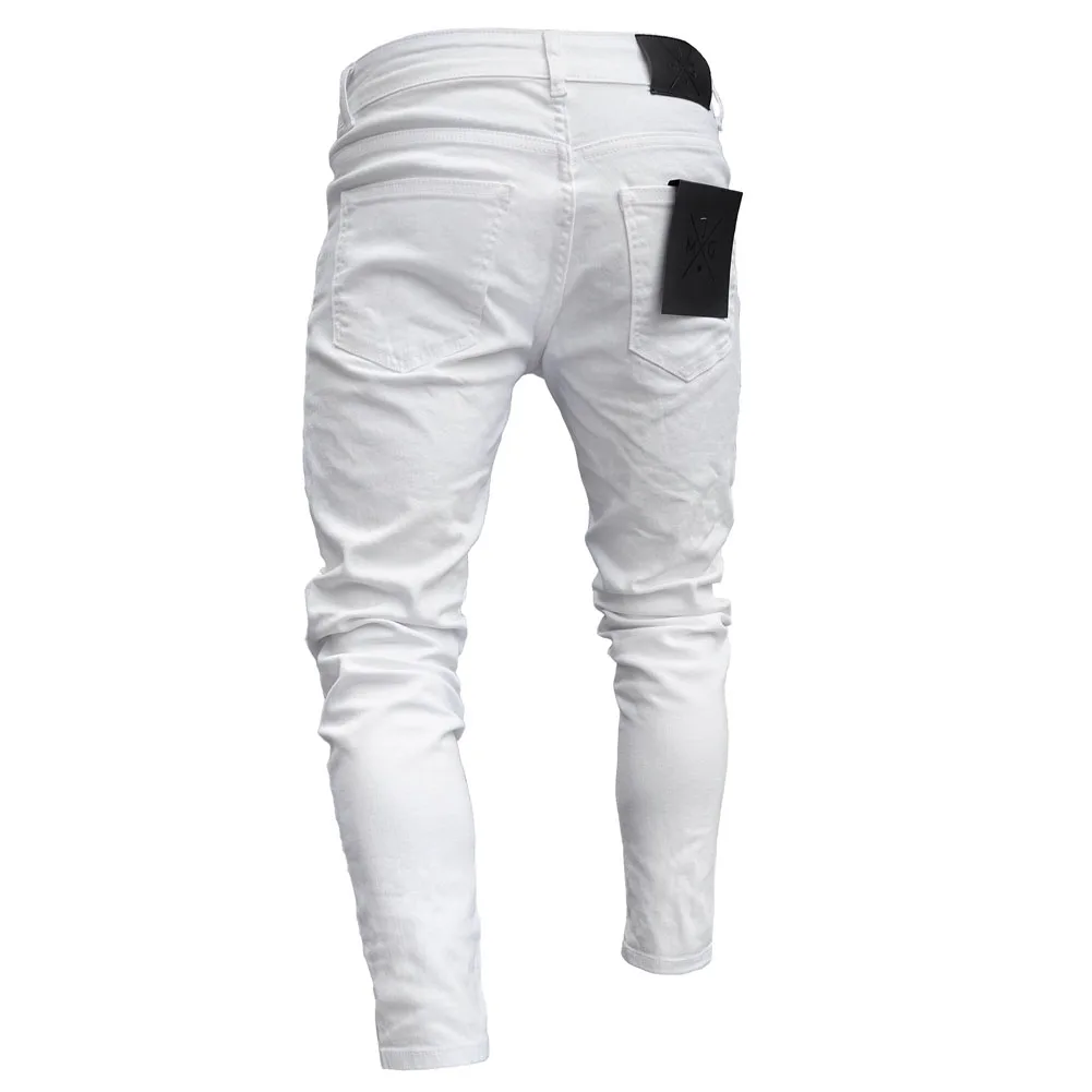 Mens Embroidery Jeans Casual Slim Fit White Pants Ripped Spring Autumn Hip Hop Small Foot Trousers Streetwear Skinny Denim Pants