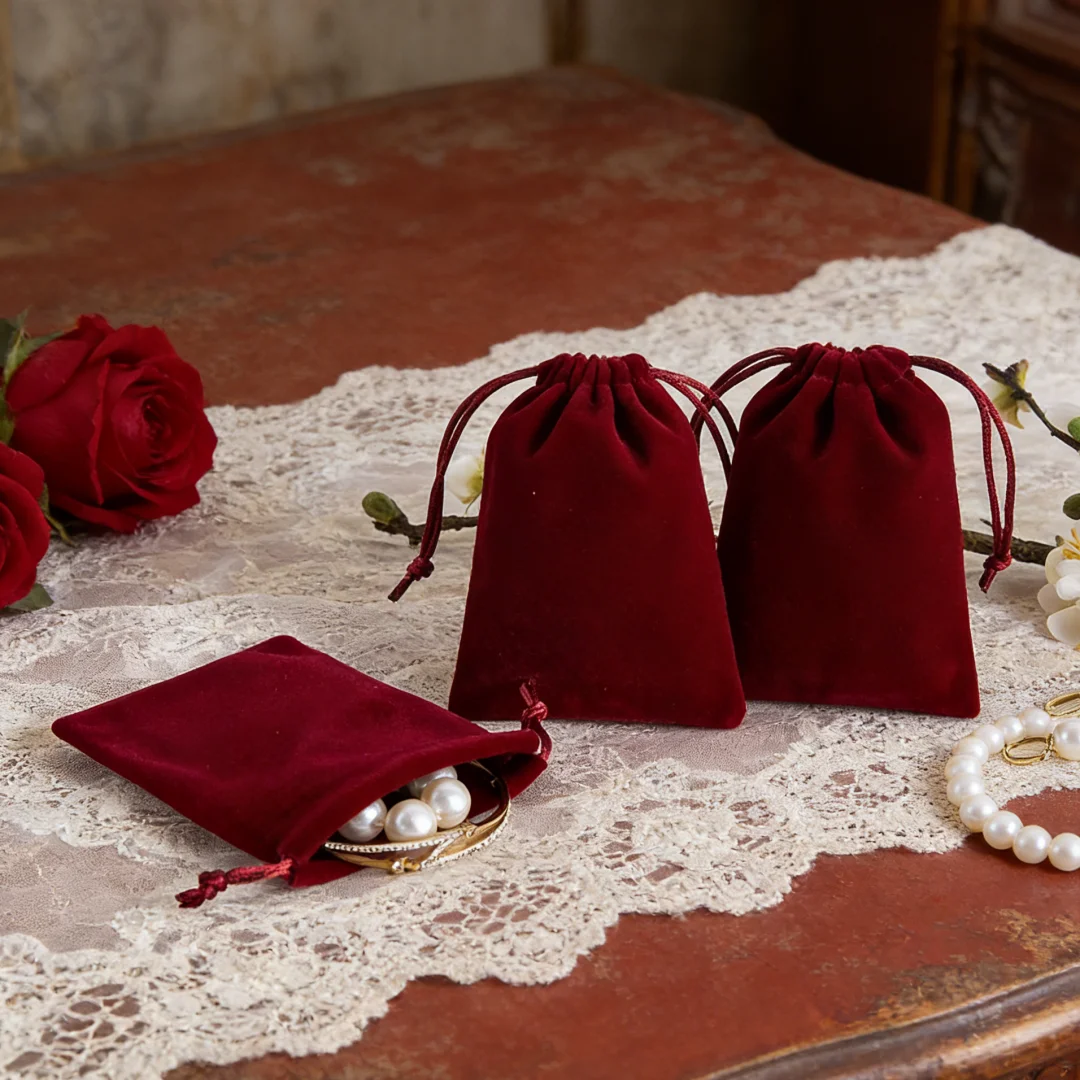 Elegante Samt-Schmuckbeutel, 5 Stück, tragbare Kordelzugbeutel für Schmuckanhänger und zarte Ornamente zum Verschenken und zur Präsentation