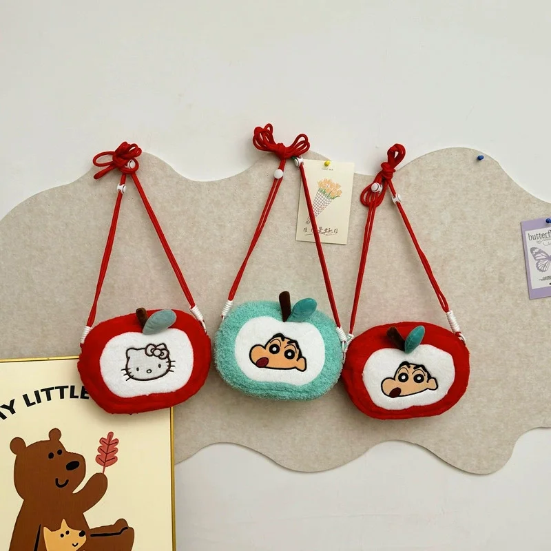 Crayon Shin-Chan Fluffy Apple Crossbody Bag Cute Cartoon Plush Coin Purse Shoulder Cell Phone Bag Outing Storage Bag Itabag Gift