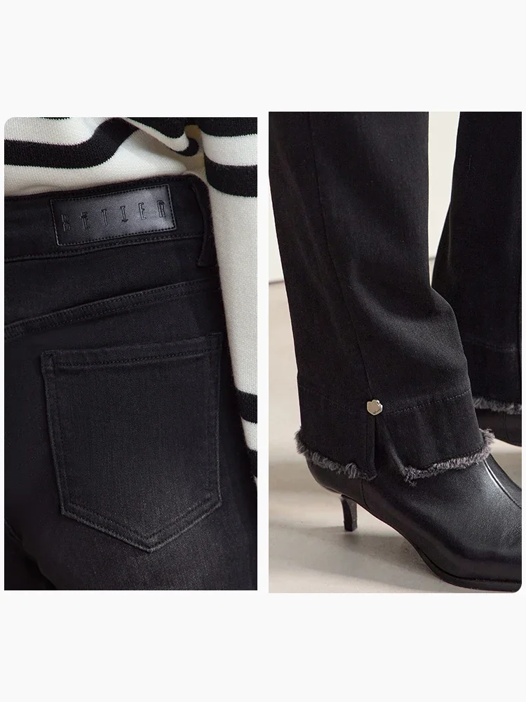 AMII Minimalist 2024 Winter New Women's Clothing Casual Rough Edge Polished Split Jeans Slim Narrow Feet Black Pants 12444148