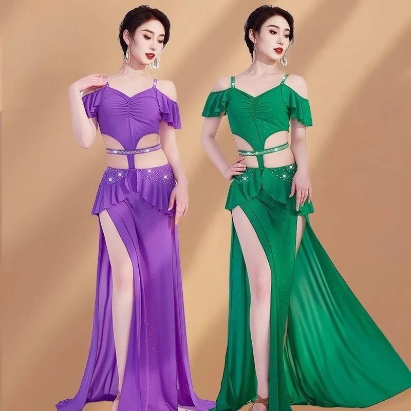 

Customized New Belly Dance Costumes Practice Dress with Strap Long Skirt Watch Performance Wear Shining Jumpsuit Dress Female